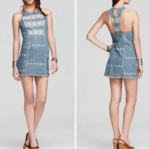 Free People Embroidered Mini Dress Womens XS Denim Blue Open Back Western Boho
